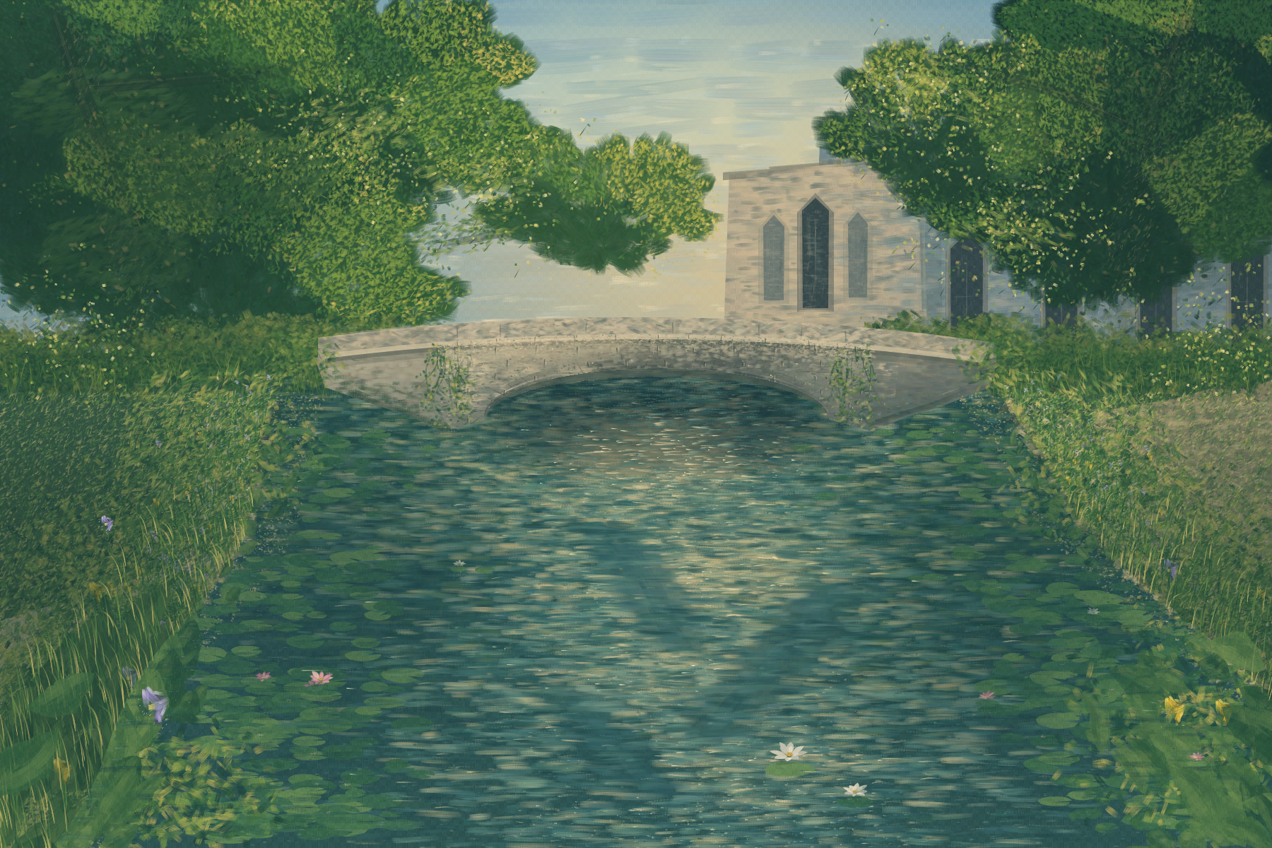 Digital painting of a stone bridge over a pond in a leafy garden